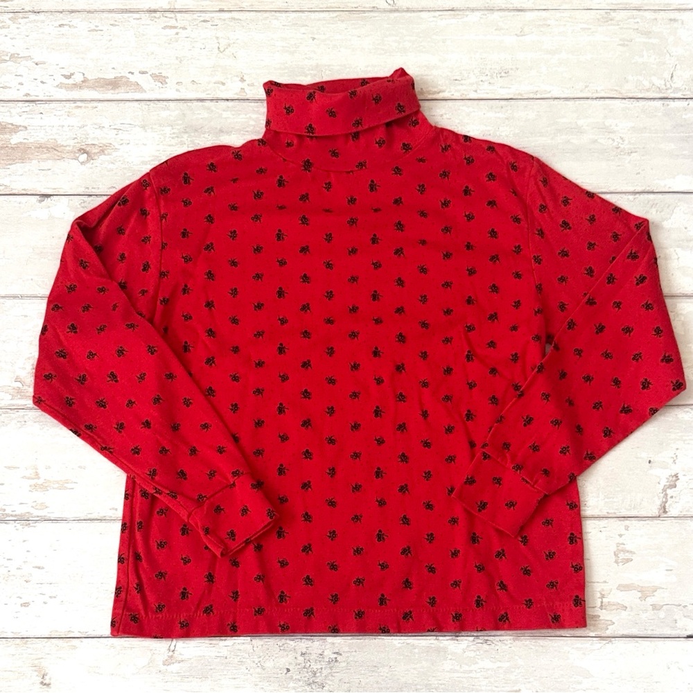 Red Turtleneck Long Sleeve Shirt Small Black Floral Print Top Size 14 16 Girls